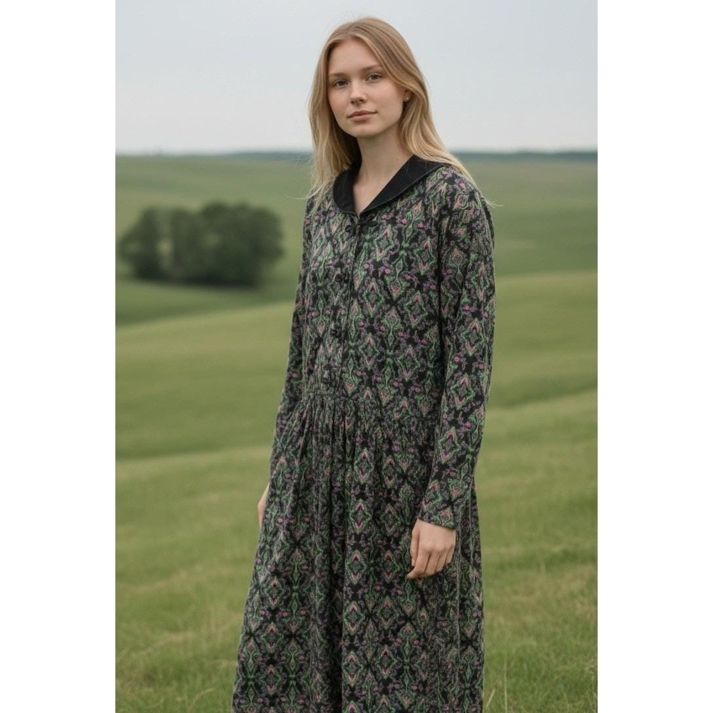 Vtg 90s Eddie Bauer Cotton Prairie Boho Cottagecore Folk Print Long Dress Sz L